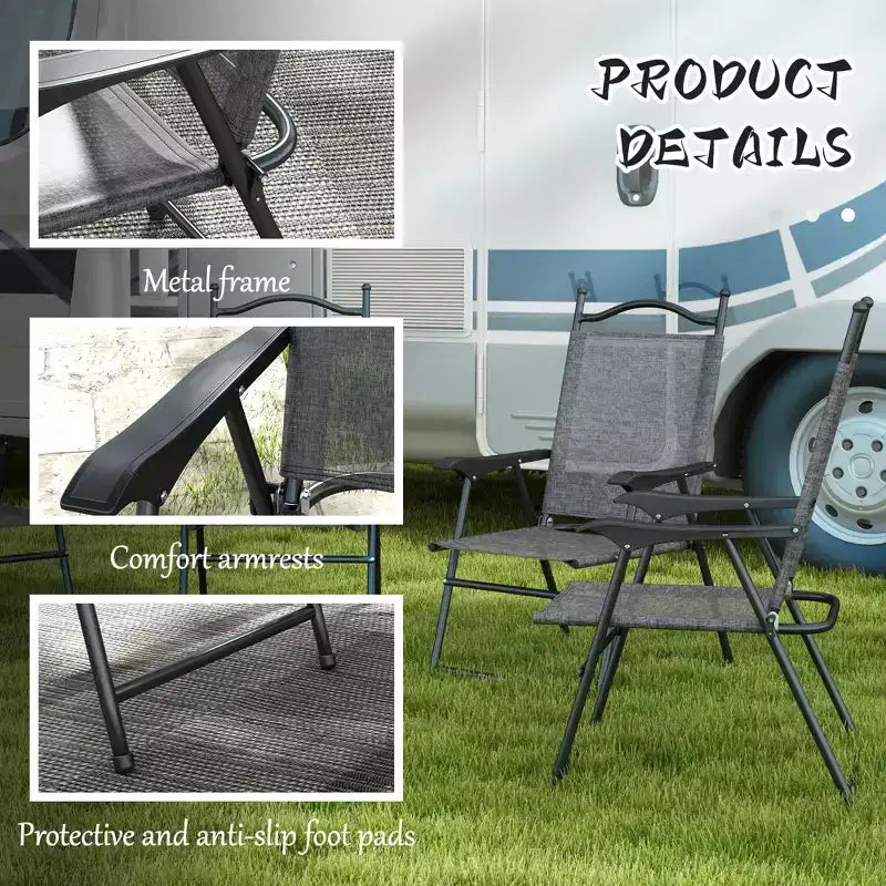 Ensemble de 4 chaises pliantes de camping pour patio, chaises de sport pour adultes avec accoudoirs, siège en tissu maillé pour pelouse