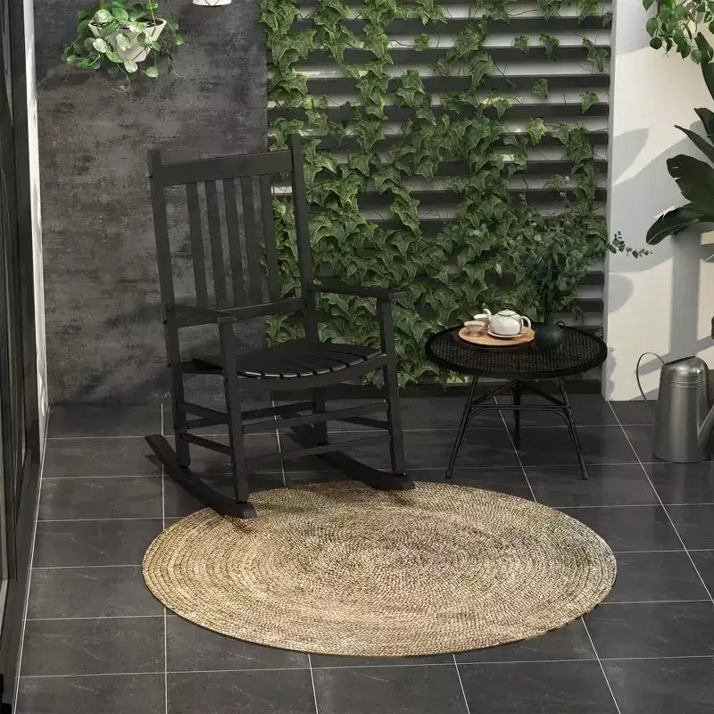 Fauteuil à bascule d'extérieur en bois avec accoudoirs et dossier haut pour jardin, patio, balcon, véranda