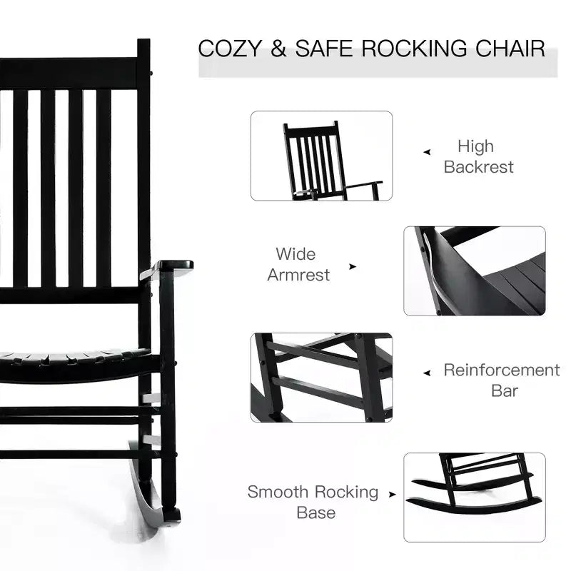 Fauteuil à bascule d'extérieur en bois avec accoudoirs et dossier haut pour jardin, patio, balcon, véranda