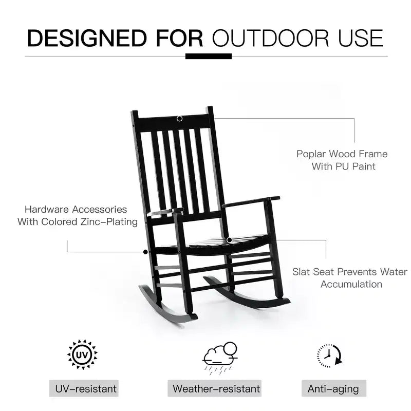 Fauteuil à bascule d'extérieur en bois avec accoudoirs et dossier haut pour jardin, patio, balcon, véranda