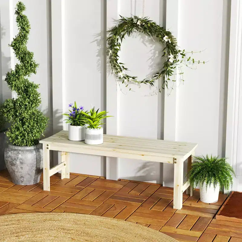 Banc de jardin 2 places en bois, banc de patio extérieur avec assise à lattes, banc de porche sans dossier pour parc, jardin, bord de piscine, terrasse
