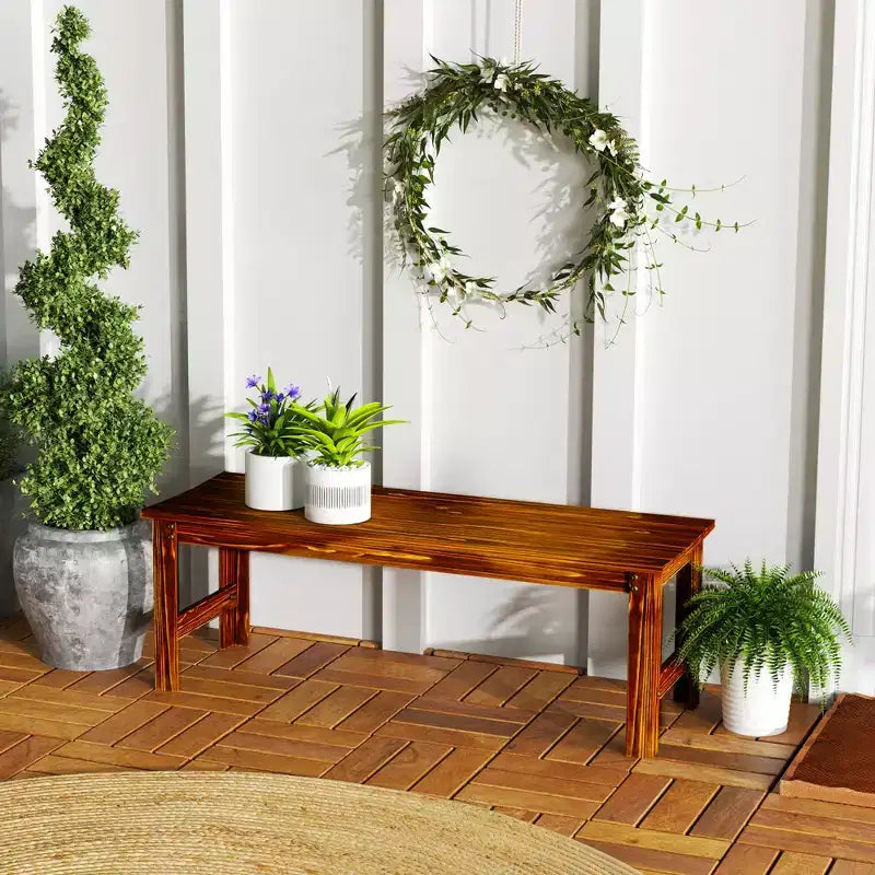Banc de jardin 2 places en bois, banc de patio extérieur avec assise à lattes, banc de porche sans dossier pour parc, jardin, bord de piscine, terrasse