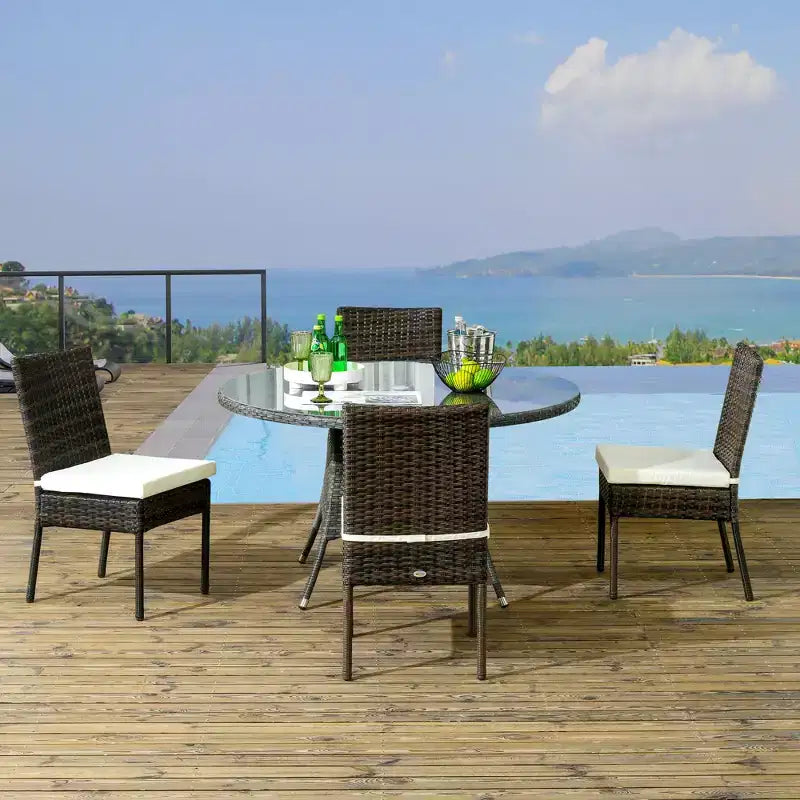 4 chaises de salle à manger d'extérieur en rotin PE avec coussins, chaises de salle à manger de patio en osier avec dossier
