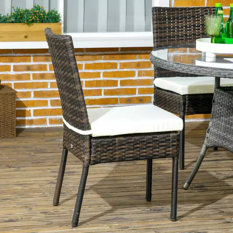 4 chaises de salle à manger d'extérieur en rotin PE avec coussins, chaises de salle à manger de patio en osier avec dossier