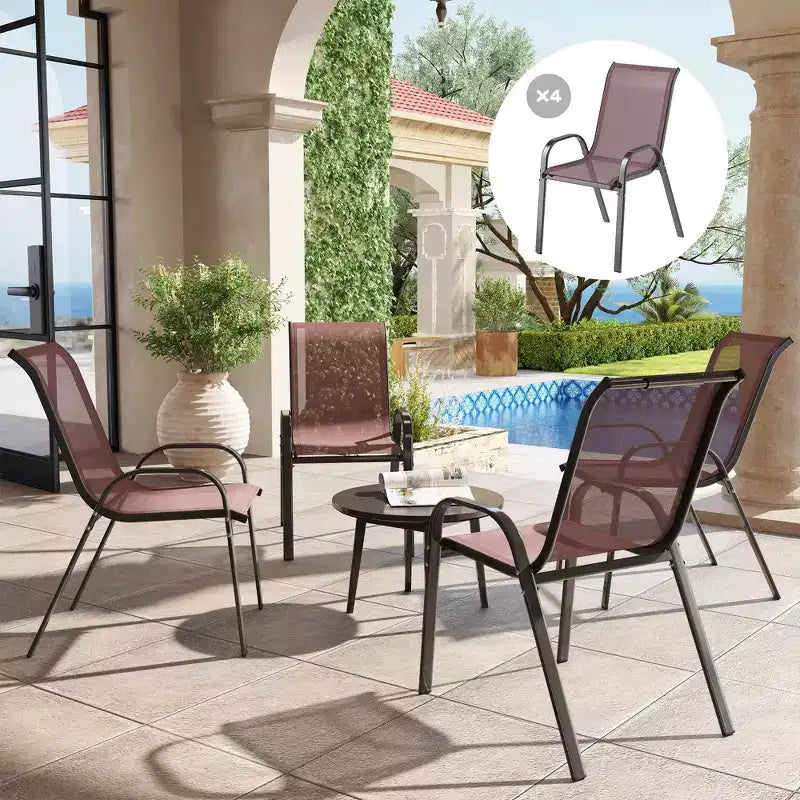 Lot de 4 chaises de salle à manger d'extérieur, chaises de patio empilables avec dossier haut, assise en maille respirante pour jardin et pelouse