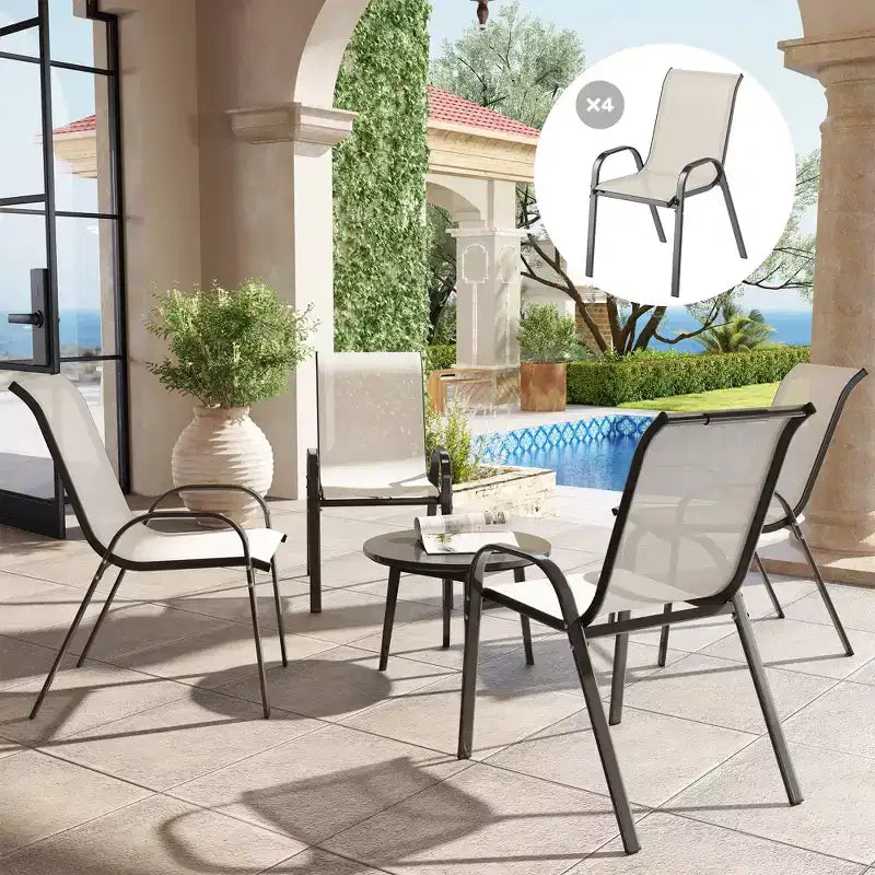 Lot de 4 chaises de salle à manger d'extérieur, chaises de patio empilables avec dossier haut, assise en maille respirante pour jardin et pelouse