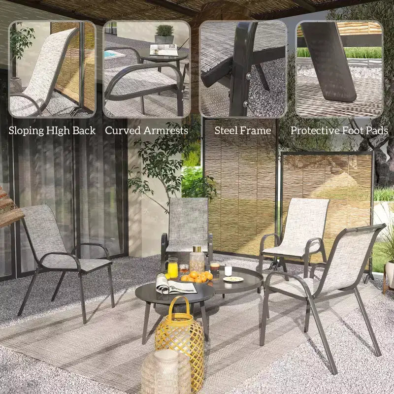 Lot de 4 chaises de salle à manger d'extérieur, chaises de patio empilables avec dossier haut, assise en maille respirante pour jardin et pelouse