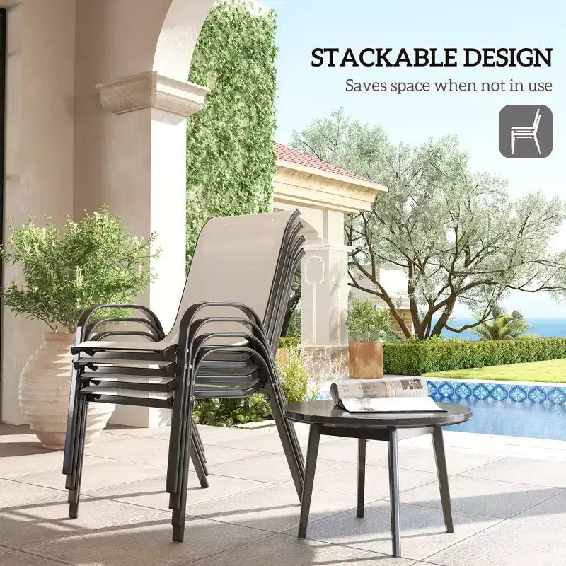 Lot de 4 chaises de salle à manger d'extérieur, chaises de patio empilables avec dossier haut, assise en maille respirante pour jardin et pelouse