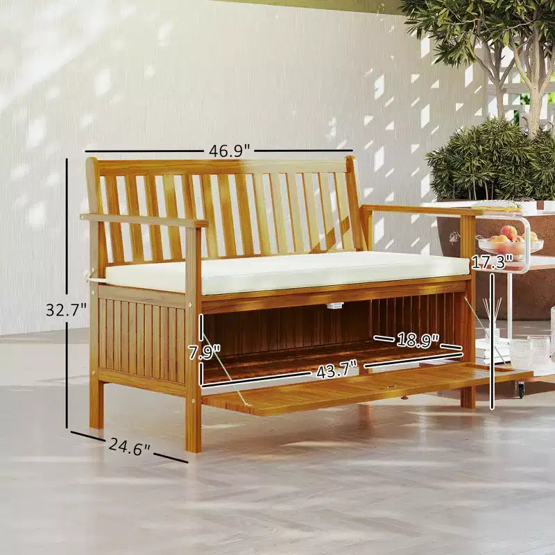 Banc d'extérieur avec compartiment de rangement, banc de patio en bois d'acacia avec coussin, banc de jardin 2 places