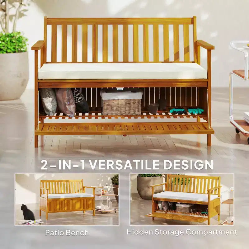 Banc d'extérieur avec compartiment de rangement, banc de patio en bois d'acacia avec coussin, banc de jardin 2 places