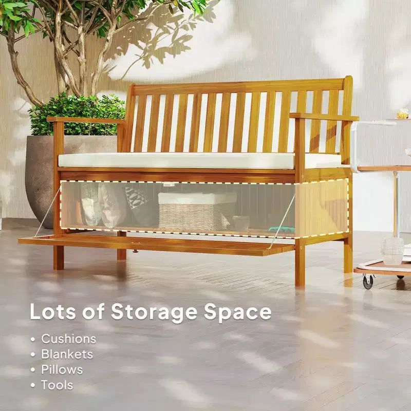 Banc d'extérieur avec compartiment de rangement, banc de patio en bois d'acacia avec coussin, banc de jardin 2 places