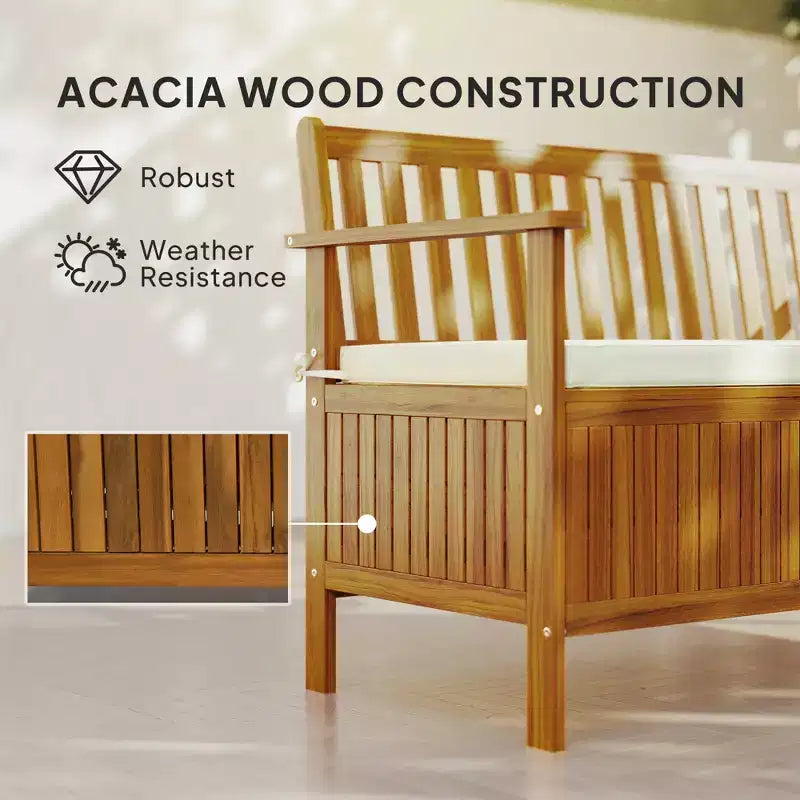 Banc d'extérieur avec compartiment de rangement, banc de patio en bois d'acacia avec coussin, banc de jardin 2 places