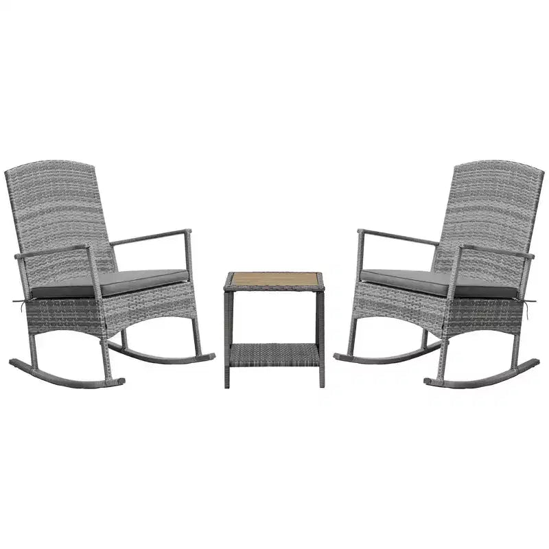 3 Piece Outdoor PE Rattan Rocking Chair Set, Patio Wicker Recliner Rocker Chair with Soft Cushion & Nature Wood Top Coffee Table