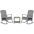 3 Piece Outdoor PE Rattan Rocking Chair Set, Patio Wicker Recliner Rocker Chair with Soft Cushion & Nature Wood Top Coffee Table