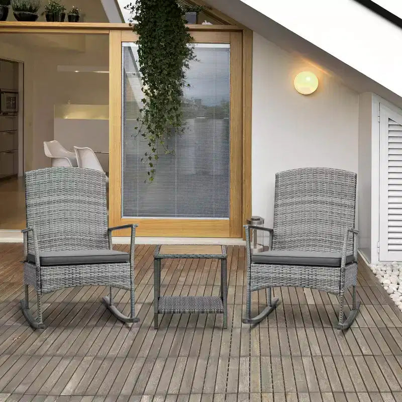 Ensemble de 3 Chaises à Bascule en Rotin PE d'extérieur, Fauteuil Inclinable en Osier pour Patio avec Coussin Doux et Table Basse à Plateau en Bois Naturel