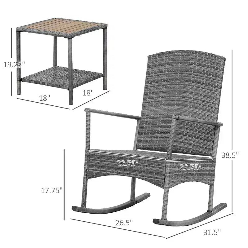 Ensemble de 3 Chaises à Bascule en Rotin PE d'extérieur, Fauteuil Inclinable en Osier pour Patio avec Coussin Doux et Table Basse à Plateau en Bois Naturel