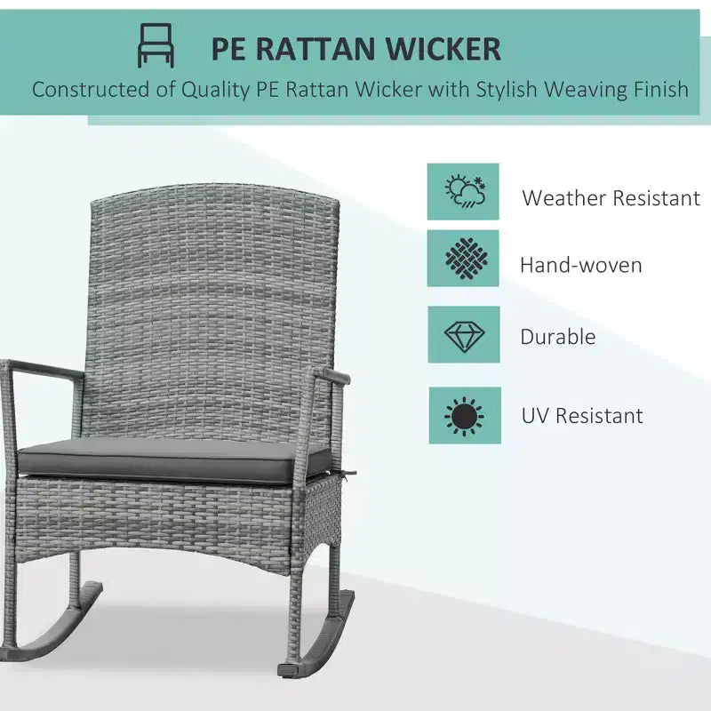 Ensemble de 3 Chaises à Bascule en Rotin PE d'extérieur, Fauteuil Inclinable en Osier pour Patio avec Coussin Doux et Table Basse à Plateau en Bois Naturel