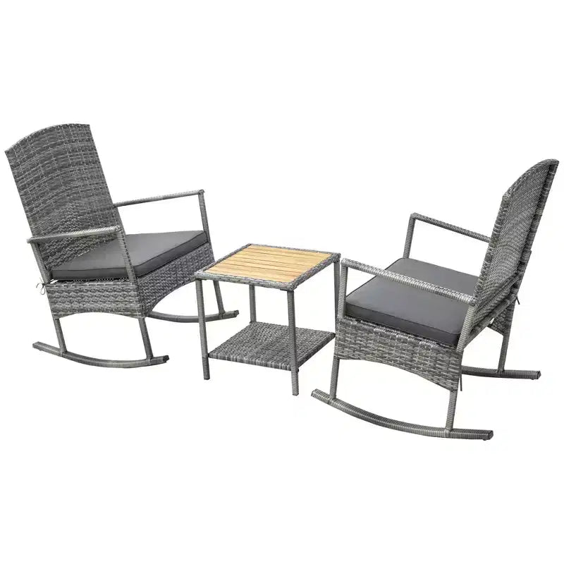 Ensemble de 3 Chaises à Bascule en Rotin PE d'extérieur, Fauteuil Inclinable en Osier pour Patio avec Coussin Doux et Table Basse à Plateau en Bois Naturel
