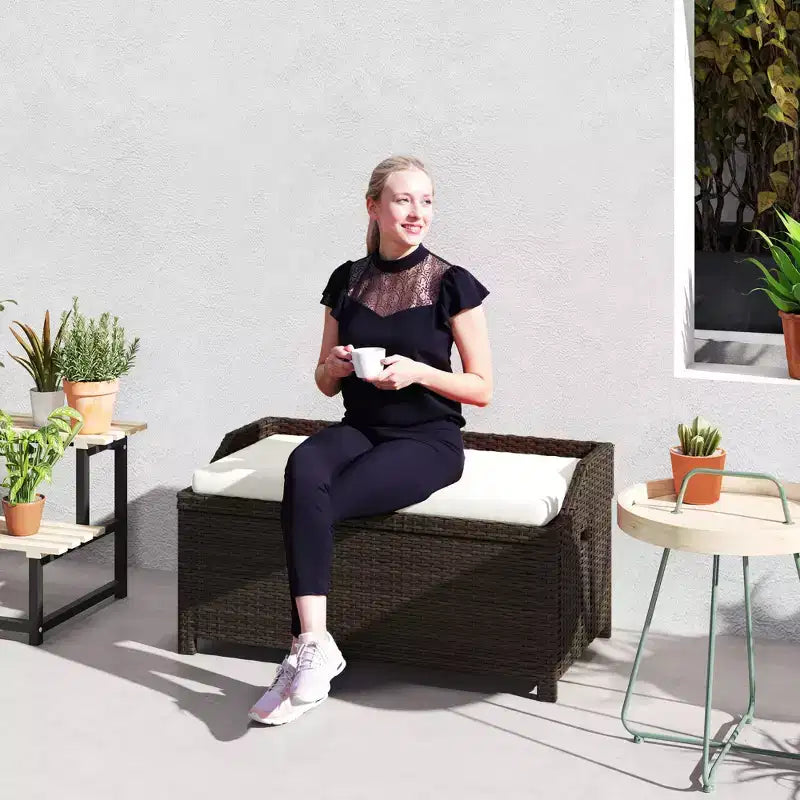 Banc de rangement d'extérieur en osier avec espace de rangement et coussin