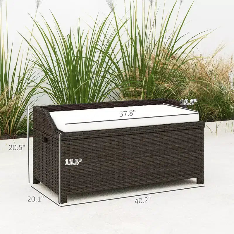 Banc de rangement d'extérieur en osier avec espace de rangement et coussin