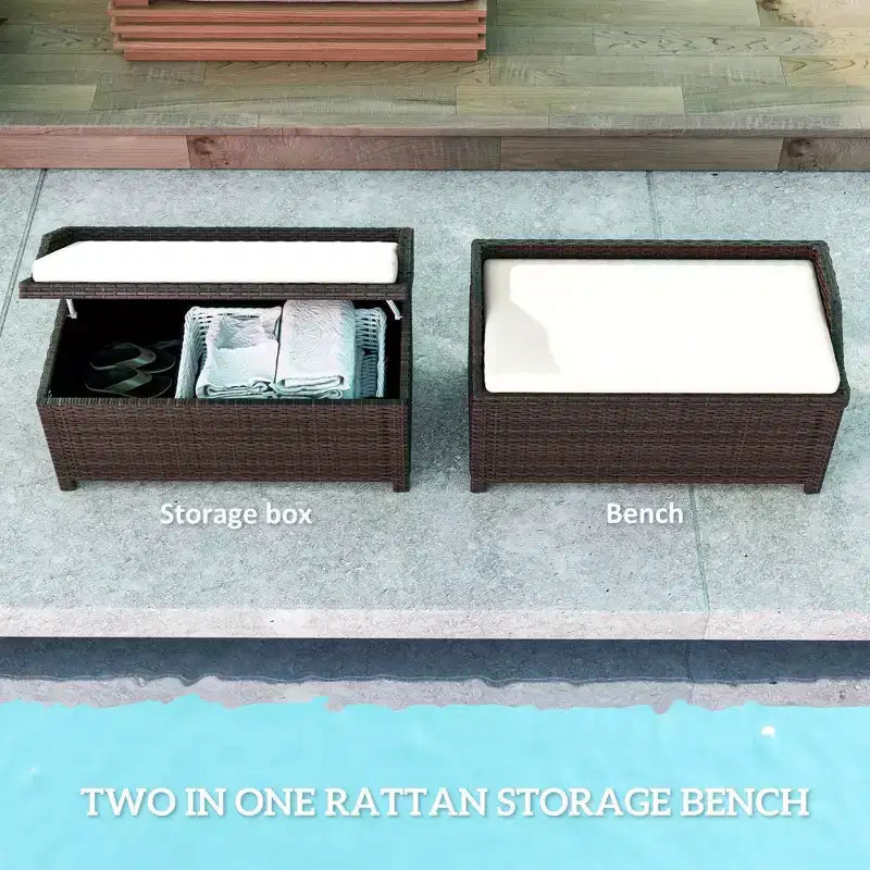Banc de rangement d'extérieur en osier avec espace de rangement et coussin