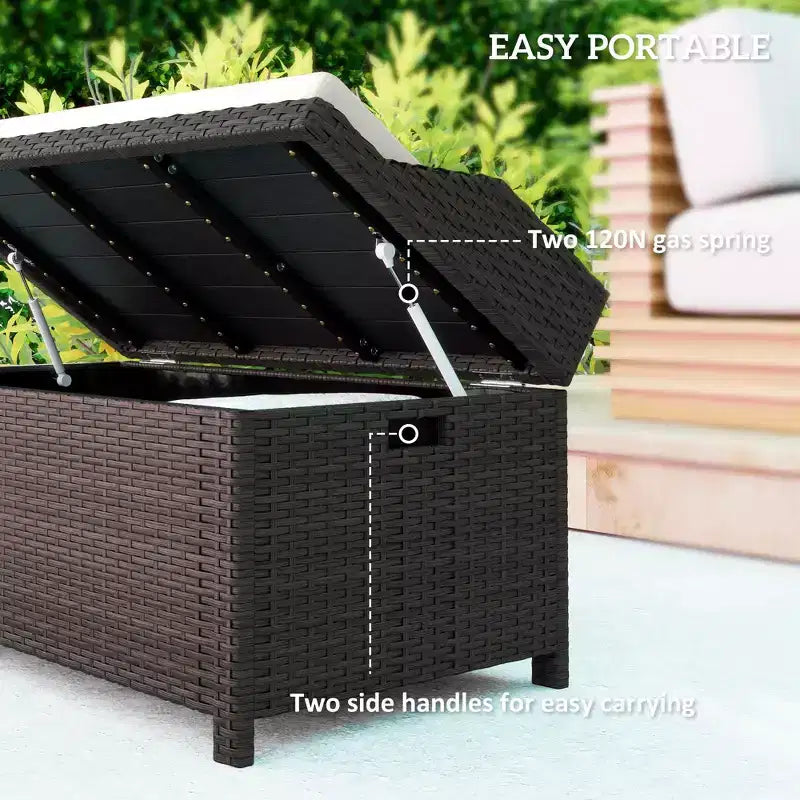 Banc de rangement d'extérieur en osier avec espace de rangement et coussin