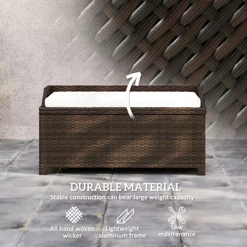 Banc de rangement d'extérieur en osier avec espace de rangement et coussin
