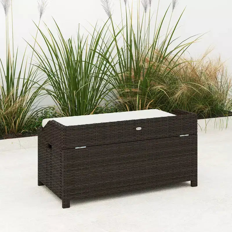 Banc de rangement d'extérieur en osier avec espace de rangement et coussin