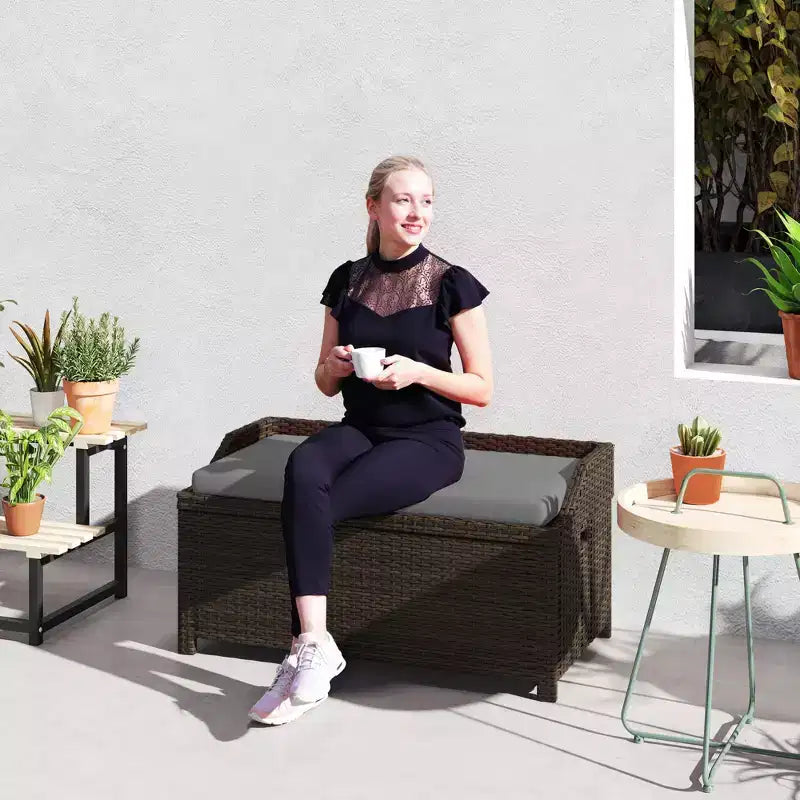Banc de rangement d'extérieur en osier avec espace de rangement et coussin