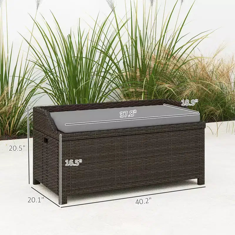 Banc de rangement d'extérieur en osier avec espace de rangement et coussin