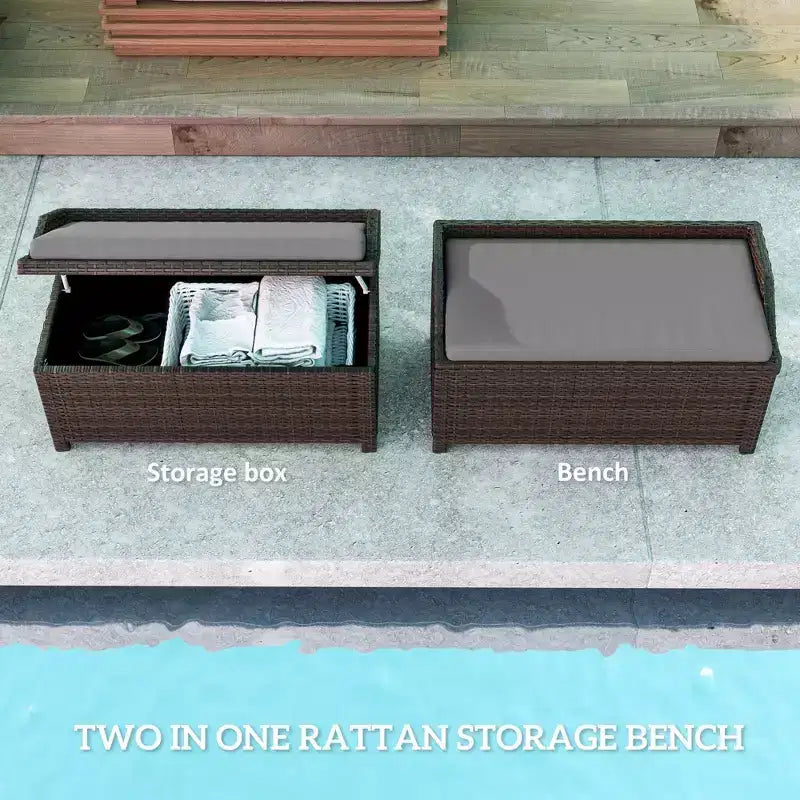 Banc de rangement d'extérieur en osier avec espace de rangement et coussin