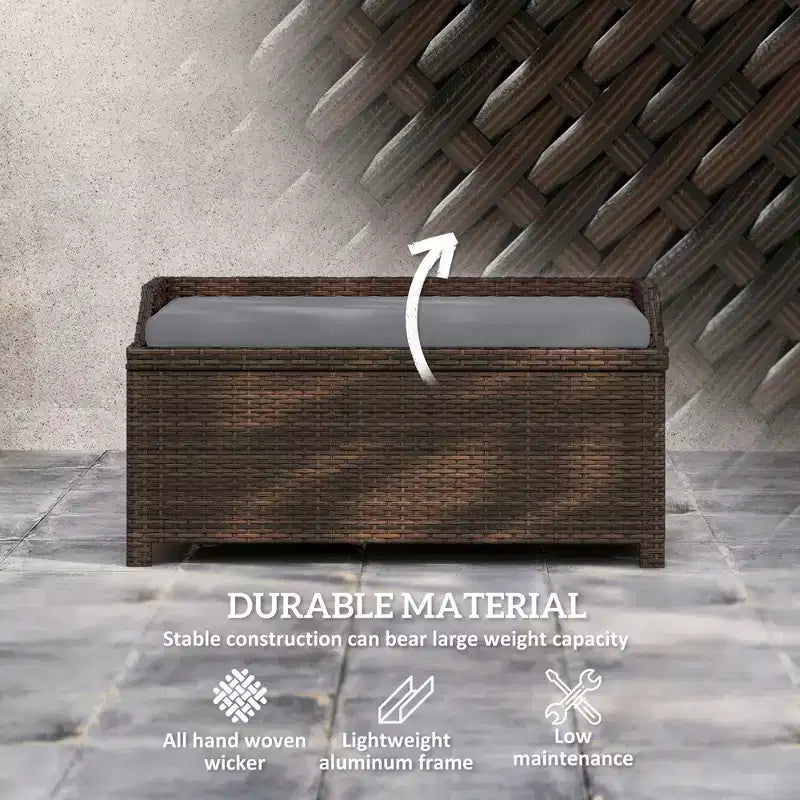 Banc de rangement d'extérieur en osier avec espace de rangement et coussin