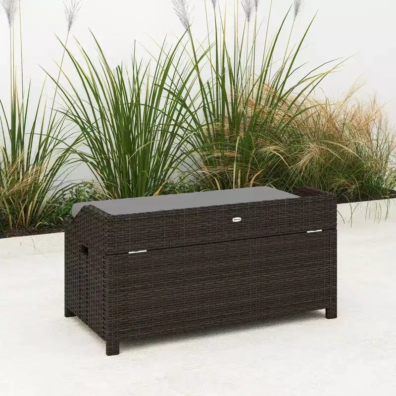 Banc de rangement d'extérieur en osier avec espace de rangement et coussin