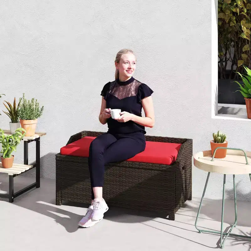 Banc de rangement d'extérieur en osier avec espace de rangement et coussin