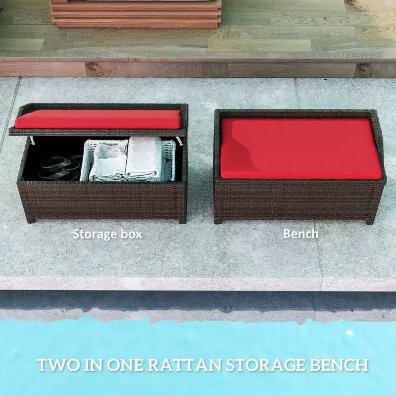 Banc de rangement d'extérieur en osier avec espace de rangement et coussin