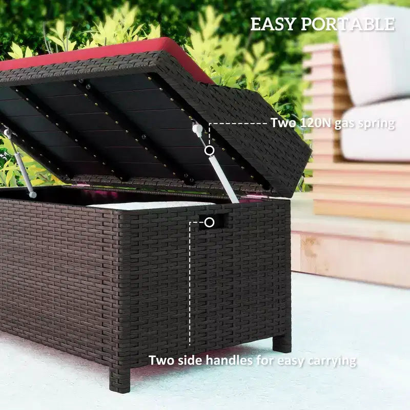 Banc de rangement d'extérieur en osier avec espace de rangement et coussin