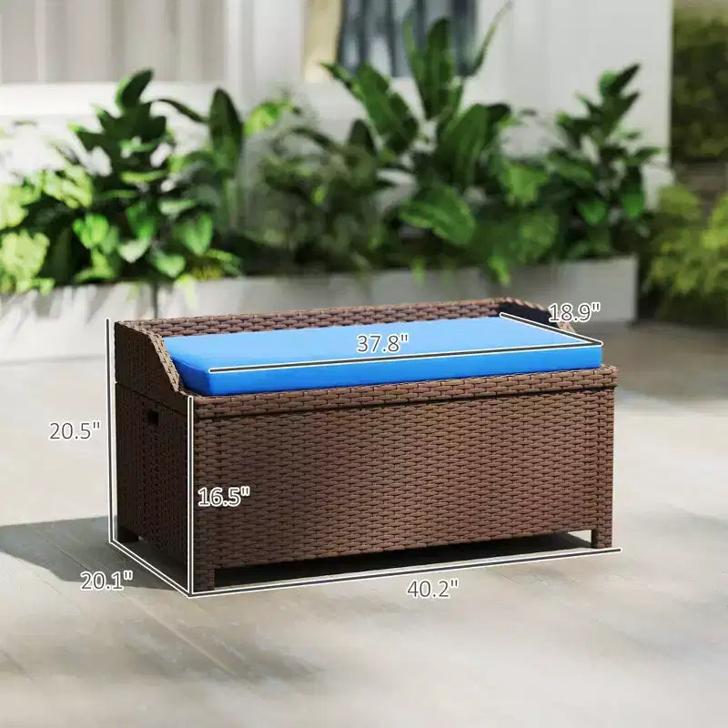 Banc de rangement d'extérieur en osier avec espace de rangement et coussin