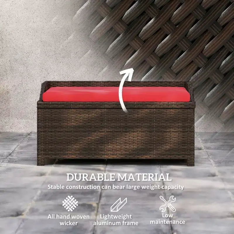 Banc de rangement d'extérieur en osier avec espace de rangement et coussin