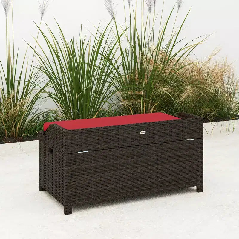 Banc de rangement d'extérieur en osier avec espace de rangement et coussin