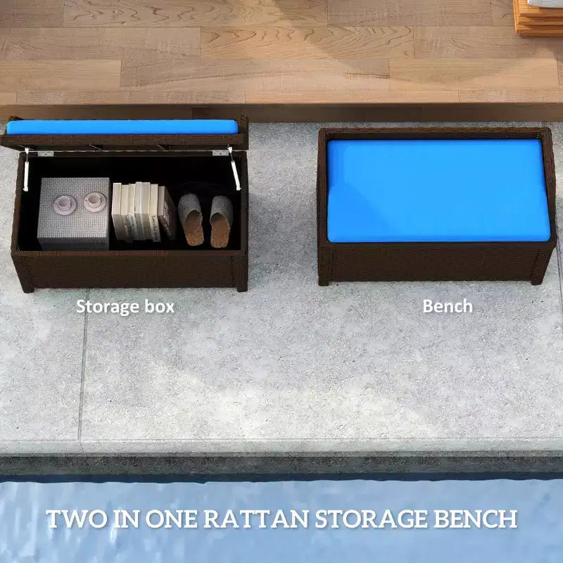 Banc de rangement d'extérieur en osier avec espace de rangement et coussin