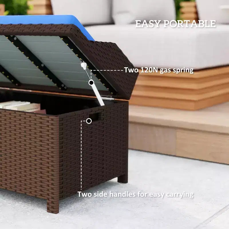 Banc de rangement d'extérieur en osier avec espace de rangement et coussin