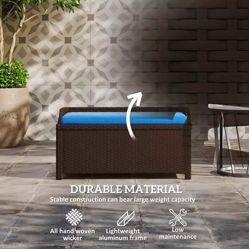 Banc de rangement d'extérieur en osier avec espace de rangement et coussin