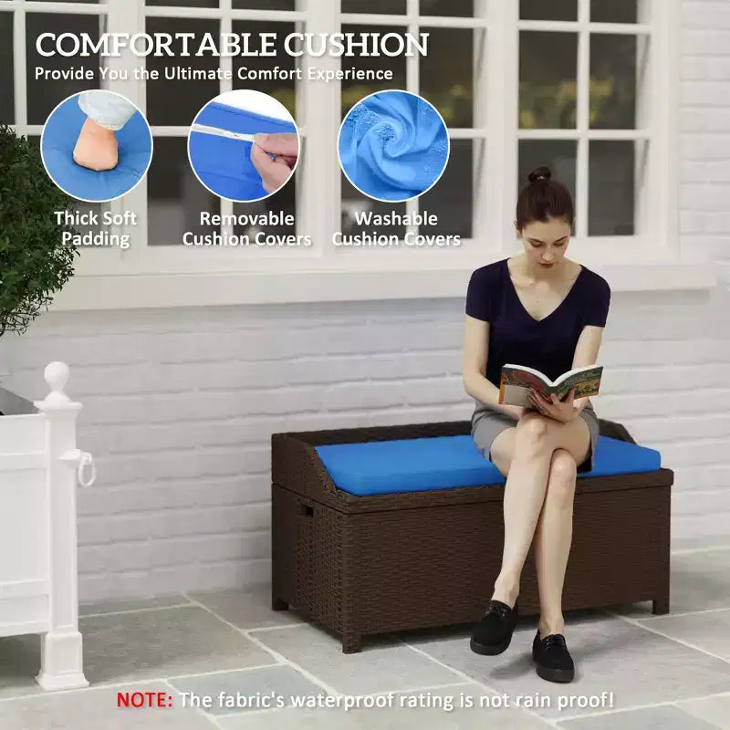 Banc de rangement d'extérieur en osier avec espace de rangement et coussin