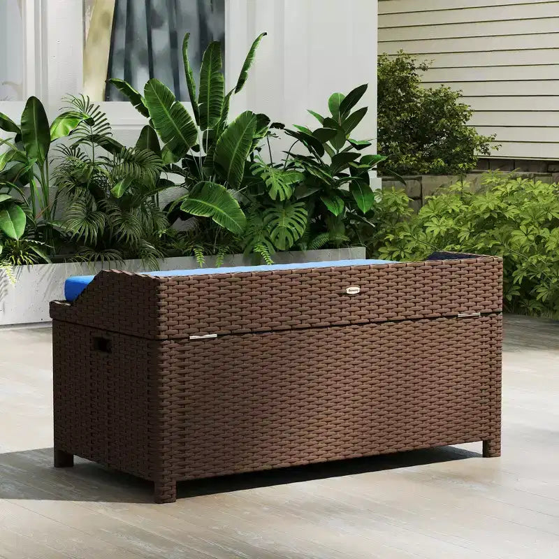 Banc de rangement d'extérieur en osier avec espace de rangement et coussin
