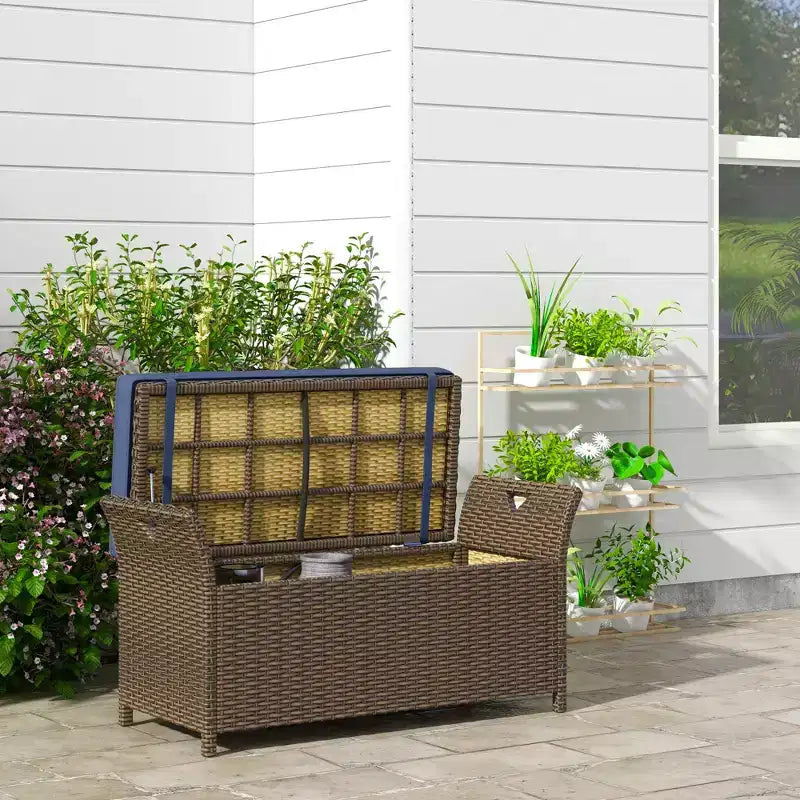 Banc de rangement en osier pour terrasse de 109 litres, meuble de patio en rotin PE d'extérieur, boîte de rangement rectangulaire de grande capacité 2-en-1 avec poignées et coussin