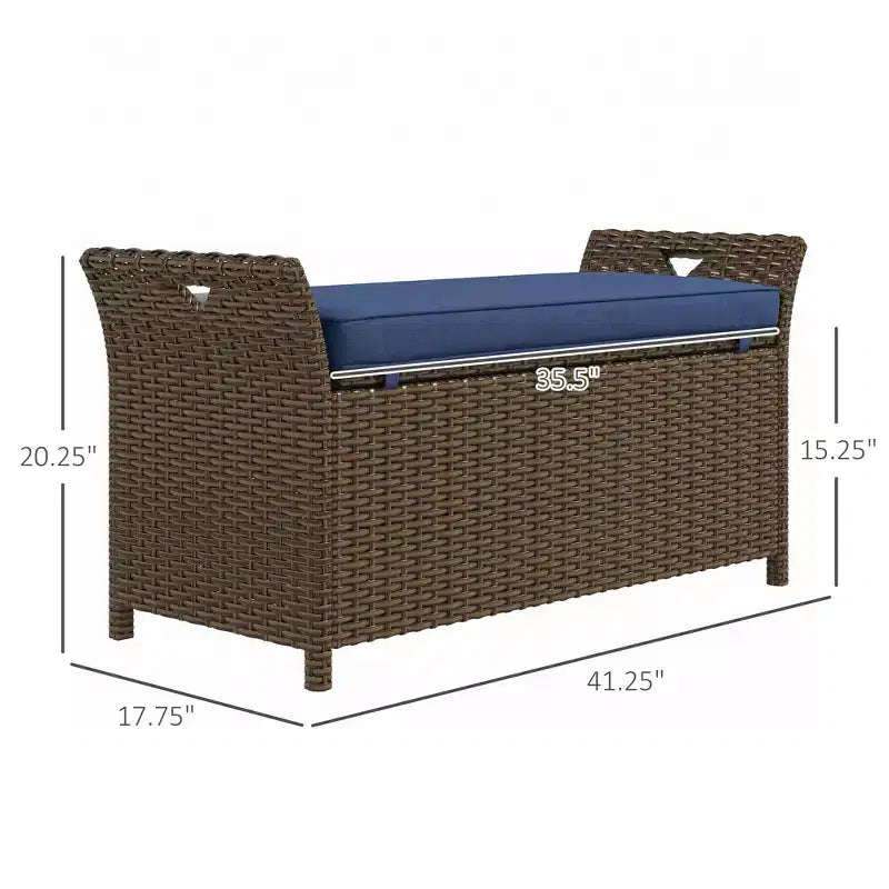 Banc de rangement en osier pour terrasse de 109 litres, meuble de patio en rotin PE d'extérieur, boîte de rangement rectangulaire de grande capacité 2-en-1 avec poignées et coussin
