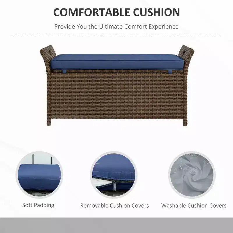 Banc de rangement en osier pour terrasse de 109 litres, meuble de patio en rotin PE d'extérieur, boîte de rangement rectangulaire de grande capacité 2-en-1 avec poignées et coussin