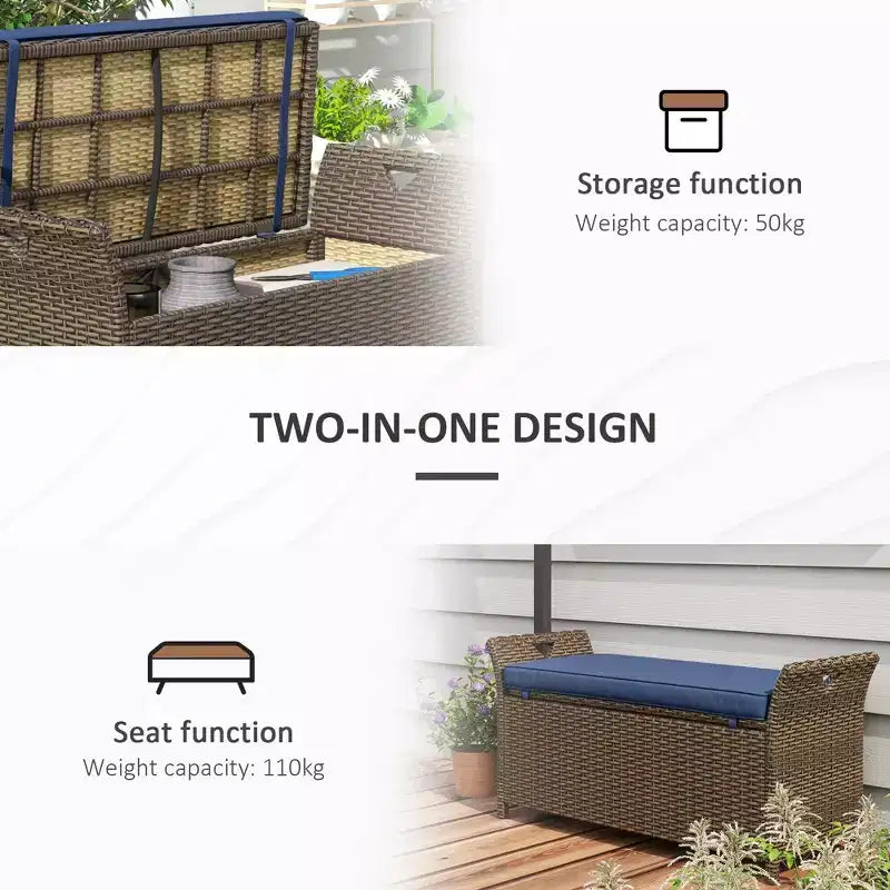 Banc de rangement en osier pour terrasse de 109 litres, meuble de patio en rotin PE d'extérieur, boîte de rangement rectangulaire de grande capacité 2-en-1 avec poignées et coussin