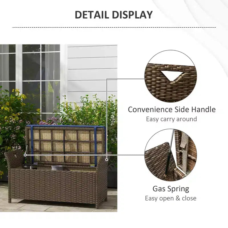 Banc de rangement en osier pour terrasse de 109 litres, meuble de patio en rotin PE d'extérieur, boîte de rangement rectangulaire de grande capacité 2-en-1 avec poignées et coussin