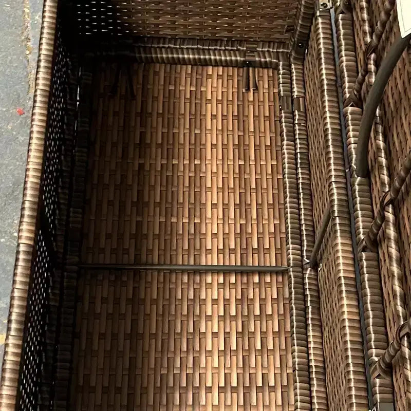 Banc de rangement en osier pour terrasse de 109 litres, meuble de patio en rotin PE d'extérieur, boîte de rangement rectangulaire de grande capacité 2-en-1 avec poignées et coussin